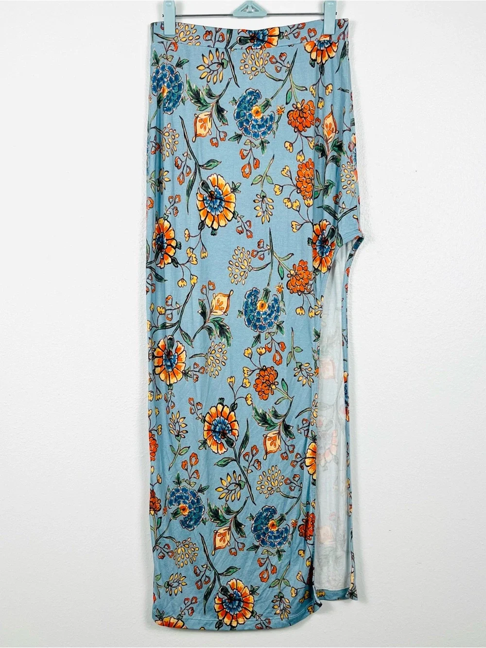Free People Small Floral Print Stretch Jersey Side-Slit Maxi Skirt in Light Blue